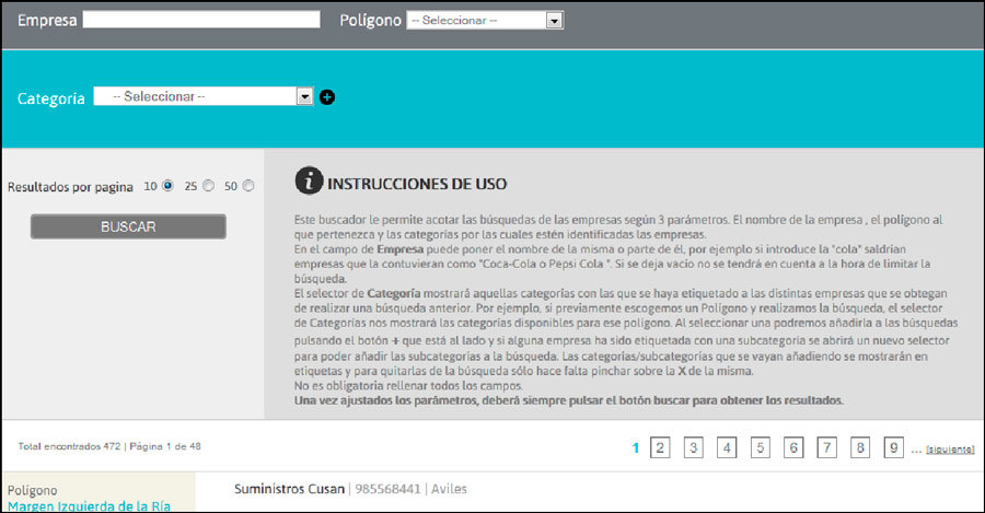 Foto del buscador de empresas en el portal de la Federación de Polígonos Industriales de Asturias